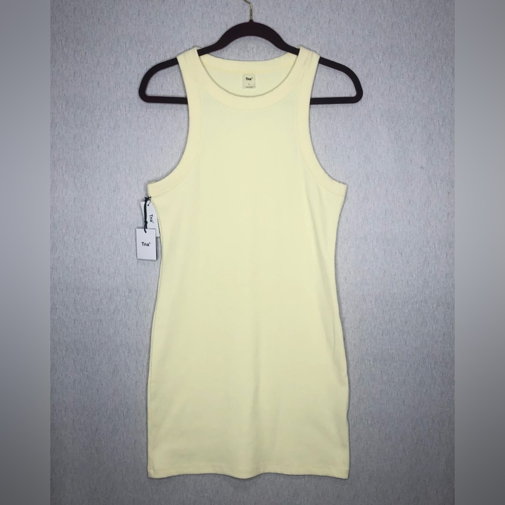 NWT Aritzia TNA Mini Dress Large Quartz Ribbed Bodycon Butter Yellow Sleeveless